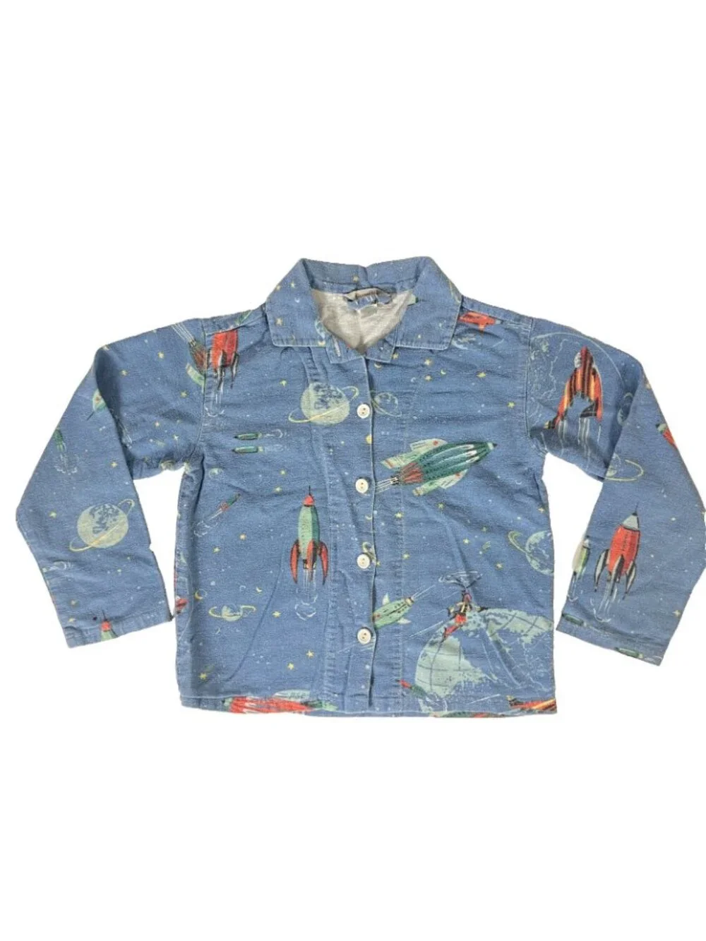 Garnet Hill Space Rocket SpaceShip Kids PJs size 8 Flannel Pajamas Top + Bottom